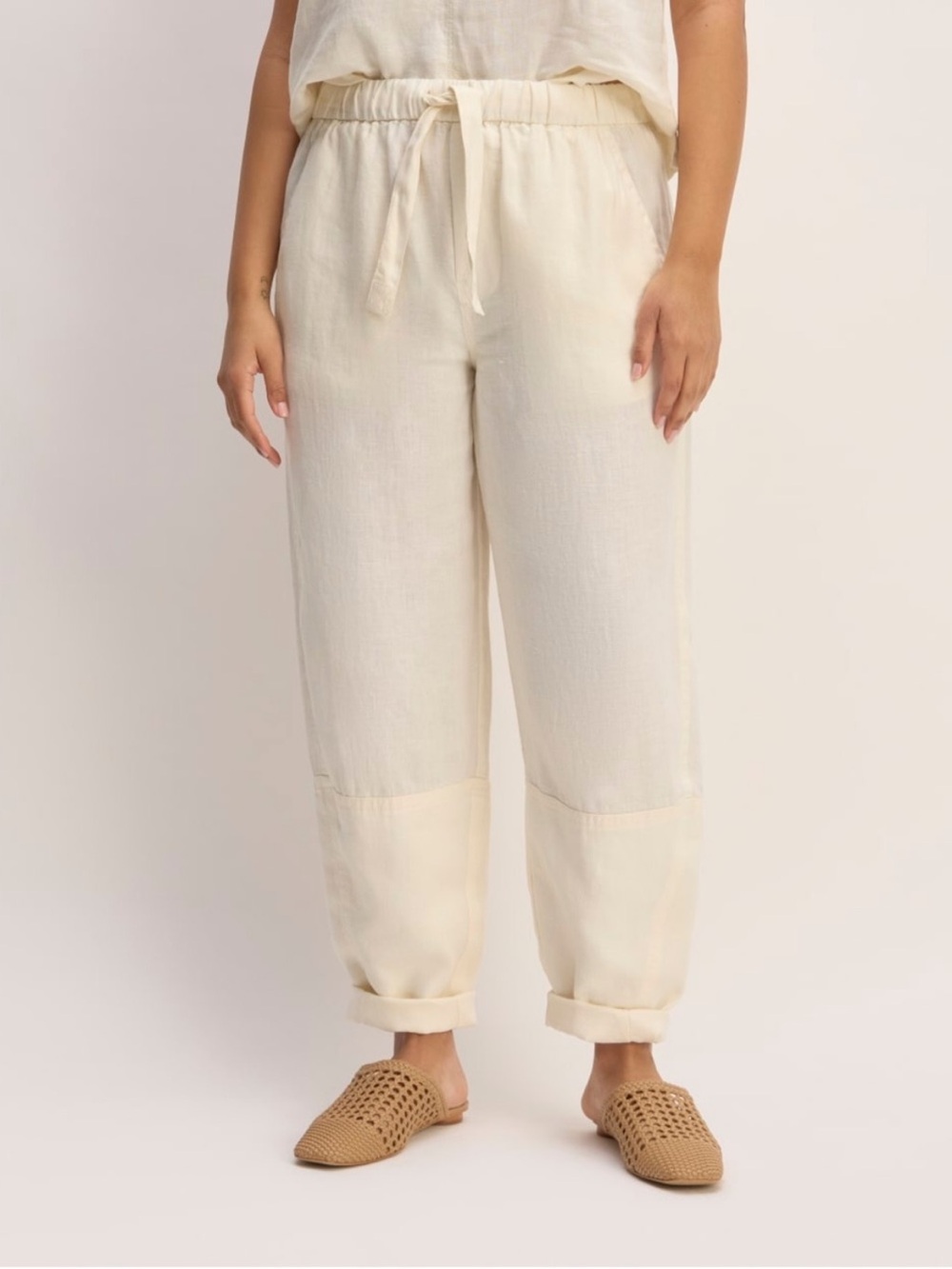 Everlane THE LINEN PULL-ON BARREL PANT Size S White Linen Drawstring